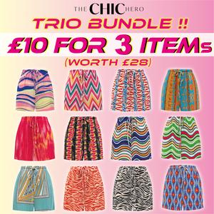 ChicHero £10 Trio Bundle: Choose Your Pleated Shorts Colour + 2 Random Colours Womenswear Bottom Elastic Original Twist Print