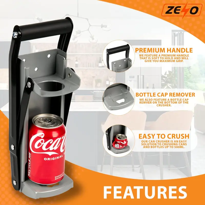 ZENO Can Crusher & Bottle Opener | 500ML Heavy Duty 16OZ 2 in 1 Crushes Soda Cans and Beer Cans | Large Beer Tin Can Crusher Wall Mounted Recycling Tool Bottle Opener | Plastic Bottle Crusher 2