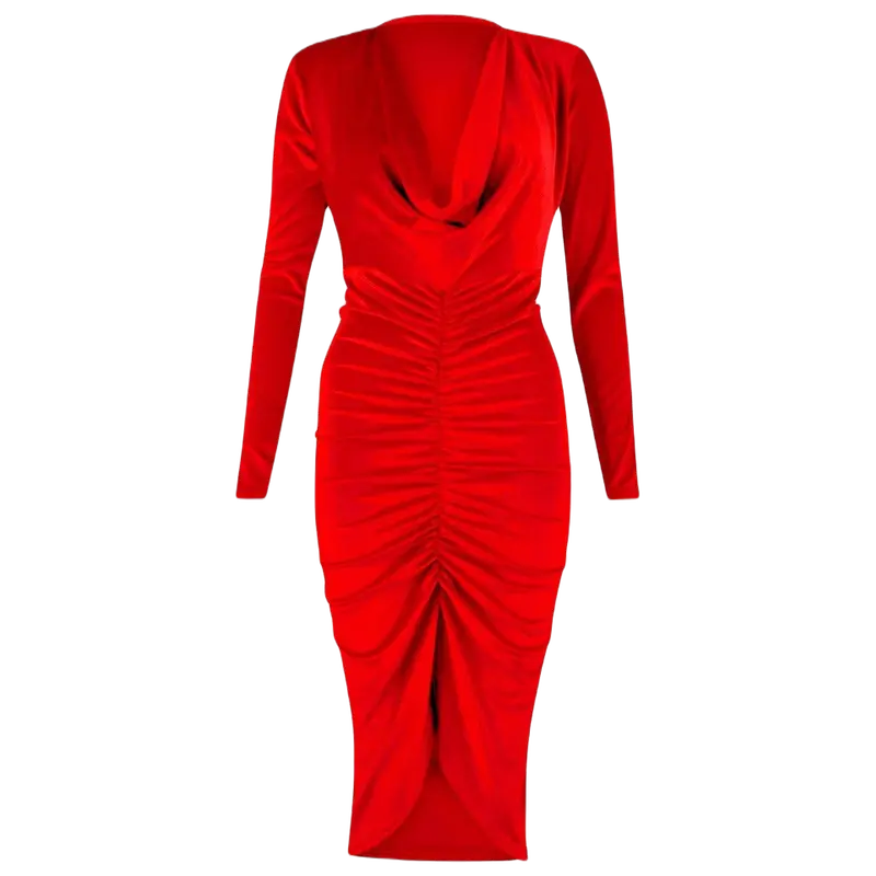 Women’s Bodycon Midi Dress Ladies Velvet Ruched Party Dresses Long Sleeve Cowl Neck Womens Event And Club Wear Plus Size UK 8-26 Formal Comfort Womenswear Fit Chic Formal Wear Elegance Elegant 5