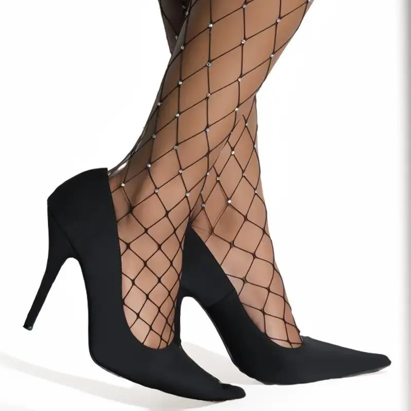 Black Big Fishnet Sparkly Diamante Embellished Rhinestone Crystal Glitter Diamond Tights Sexy Party Outfit Underwear Womenswear Fabric Comfortable Everyday Stretchy Lady Comfort Basic Minimalist lovely dress heels  stocking Bottoms Leggings 4