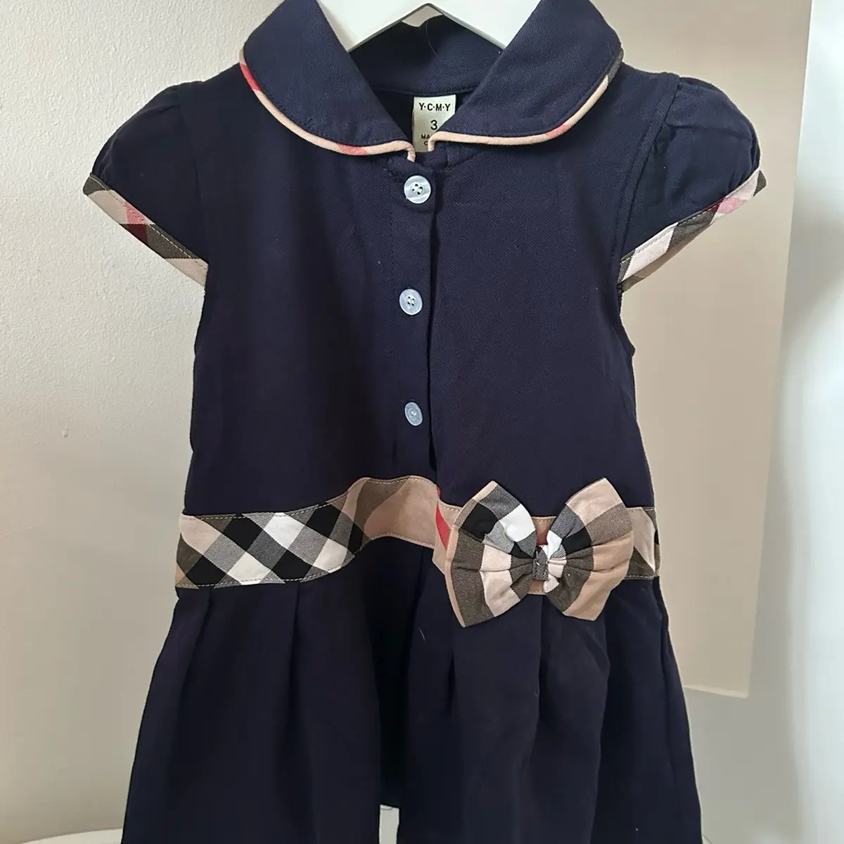 Little girls navy chequered dress