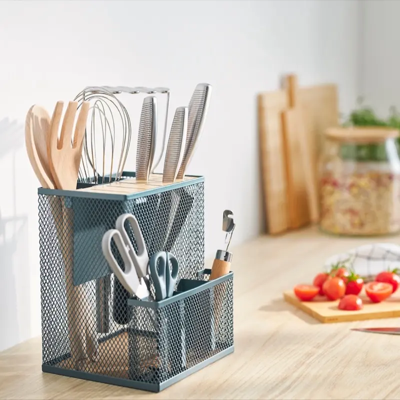 Premium Bamboo Knife Block with 4 Larger and 2 Thinner Knives and 3 Compartments for Kitchen Utensils - Holder,  Sturdy Cutlery Storage 2