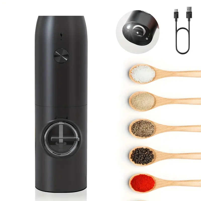 Rechargeable Electric Pepper and Salt Grinder Set, Automatic Pepper Grinder, with Charging Base, USB Cable, LED Light, Adjustable Coarseness, Single-Handed Automatic Operation, Black 2pcs 4