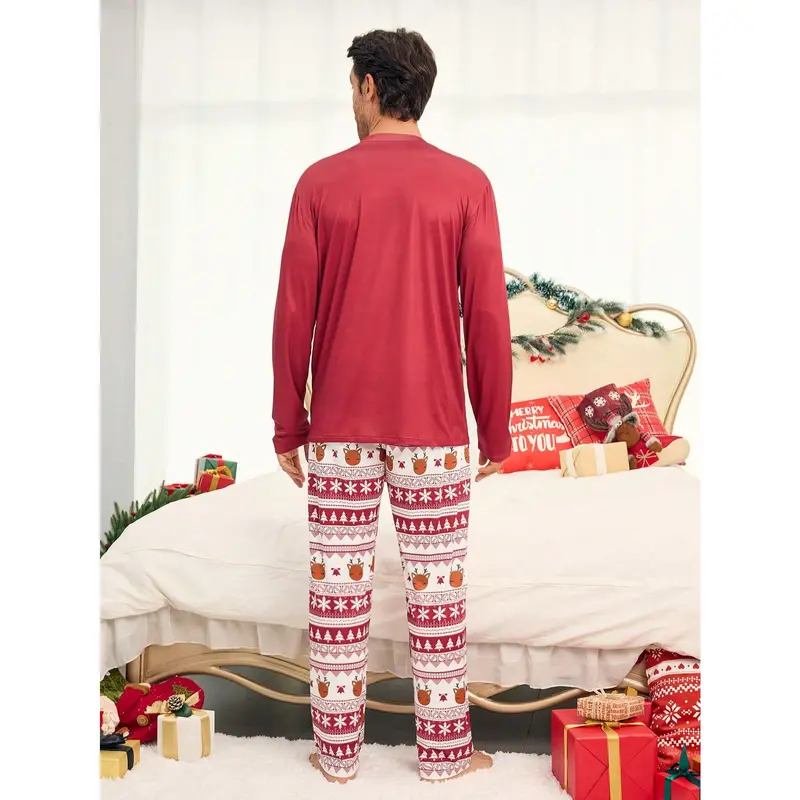 2pcs Men's Burgundy Simple Christmas Element All Over Print Long Sleeve Pajama Set, Comfortable Loungewear Menswear Nightwear Pants Stretch 1