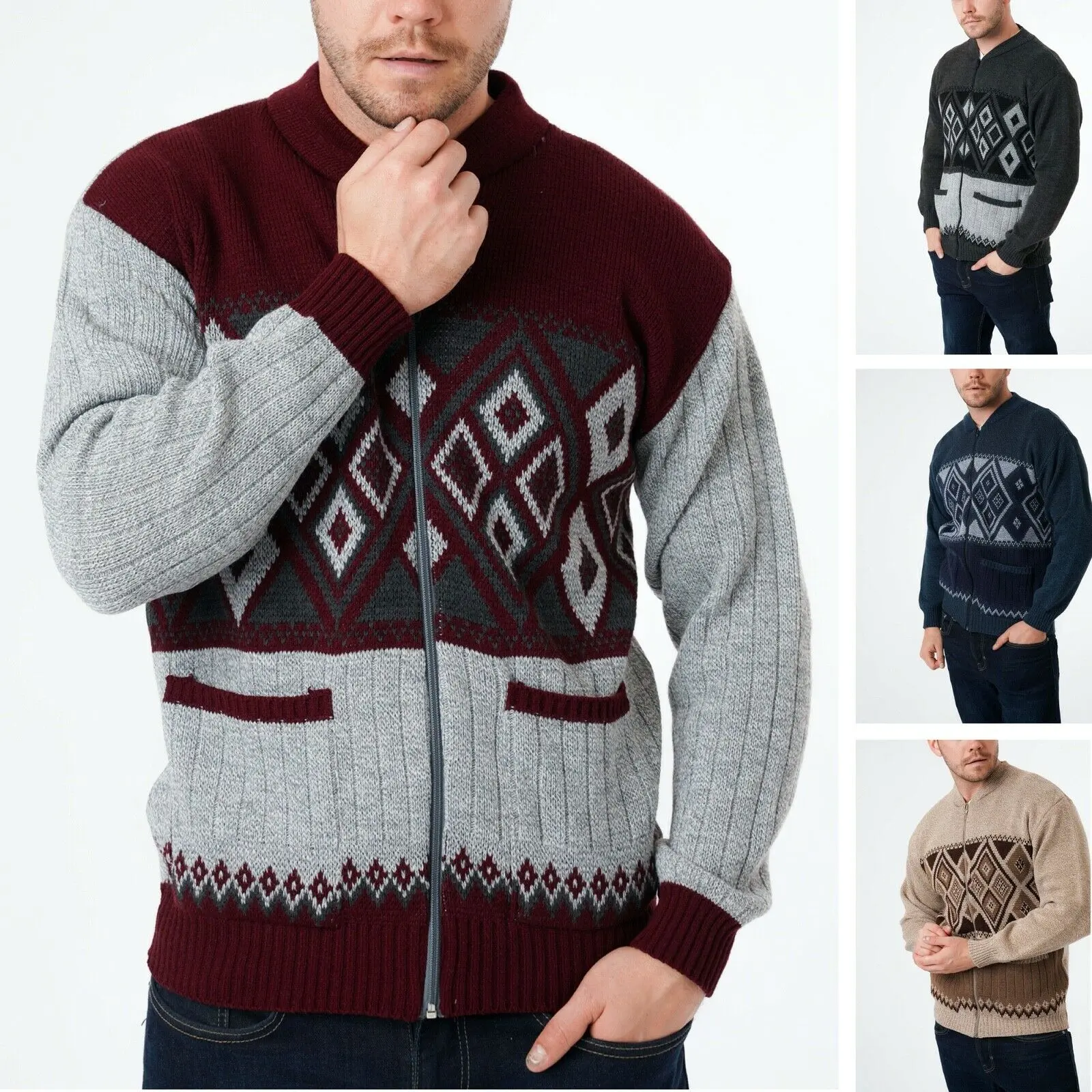 Men's Classic Argyle Diamond Pattern Full Zip Closure Ribbed Hem & Cuffs Cardigan - Warm Winter Long Sleeves Knitwear Grandad Sweater Casual Jumper Menswear Tops