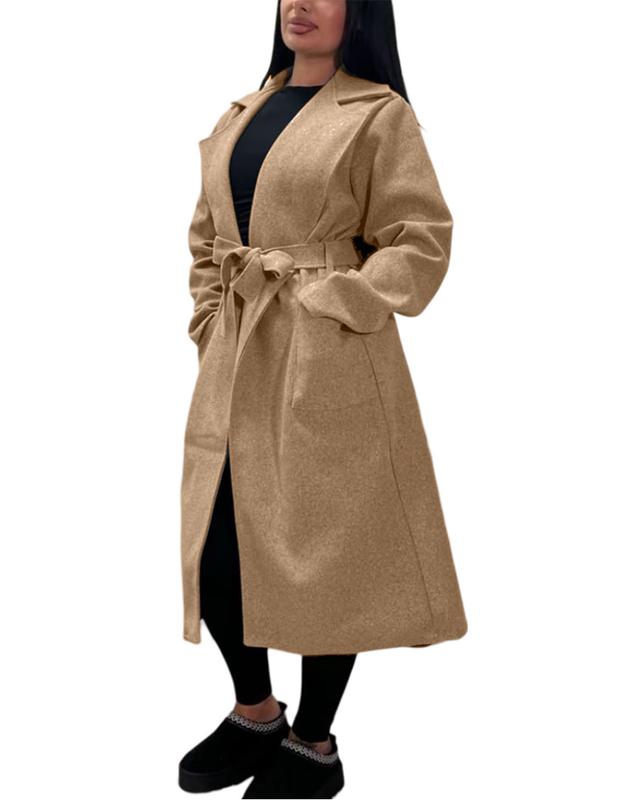 Womens Casual Long Sleeve Lapel Collar 2 Front Pockets Tie Up Long Coat Ladies Outdoor Winter Warm Belted Waist Trench Duster Long Coat Jacket 6
