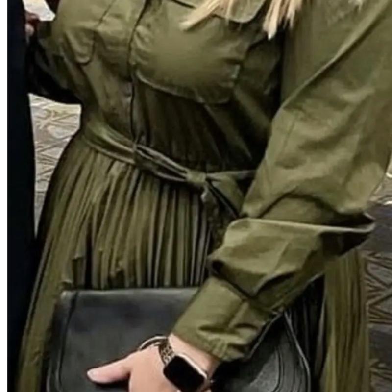 Khaki Pleat Fitted Shirt Dress Midi Belted Side Zip Comfort Crepe Occasion Party Long Dressy Outfit 6 - 16 4