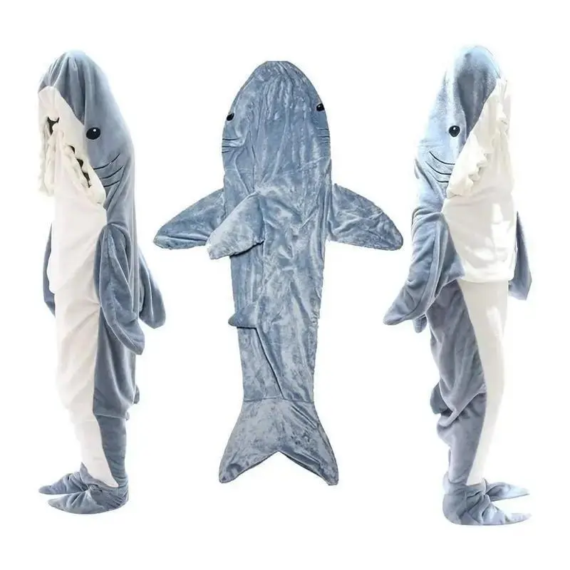 Shark Blanket Adult Cartoon Sleeping Bag Pajama Hooded Warm Flannel Funny Homewear Shark Onesie Sleeping Bag Winter Warm Blanket Loungewear Nightwear 1