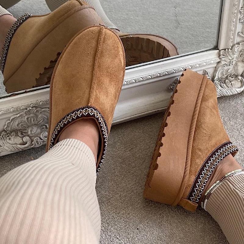 Autumn Winter Warm Suede Braided Outdoor Slippers Fashion Genuine Leather Fluffy Fur Lining Shoes for Autumn Winter Flat Sole and Platform Sole 2 Styles Optional Women's Autumn Winter Warm Suede Braided Outdoor Slippers with Fluffy Fur Lining - Girl gift 6
