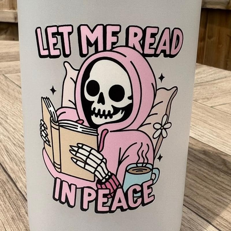 Let me read in peace. Glass frosted 16oz libbey can. Gothic pink skeleton design. Gift for book lover. 2