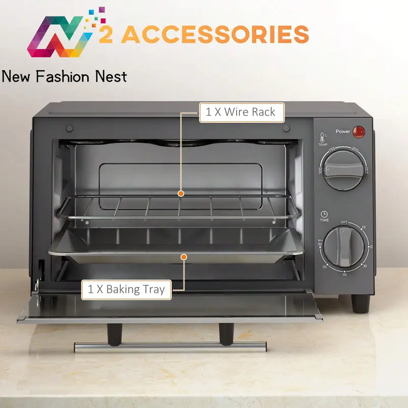 [Home kitchen] Mini Oven, 9L Countertop Electric Grill, Toaster Oven With Adjustable Temperature, Timer, Baking Tray And Wire Rack, 750W 0