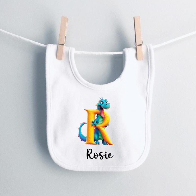 Personalised Dragon Letter Baby Bib with Name - Soft Polyester and Cotton Blend 0