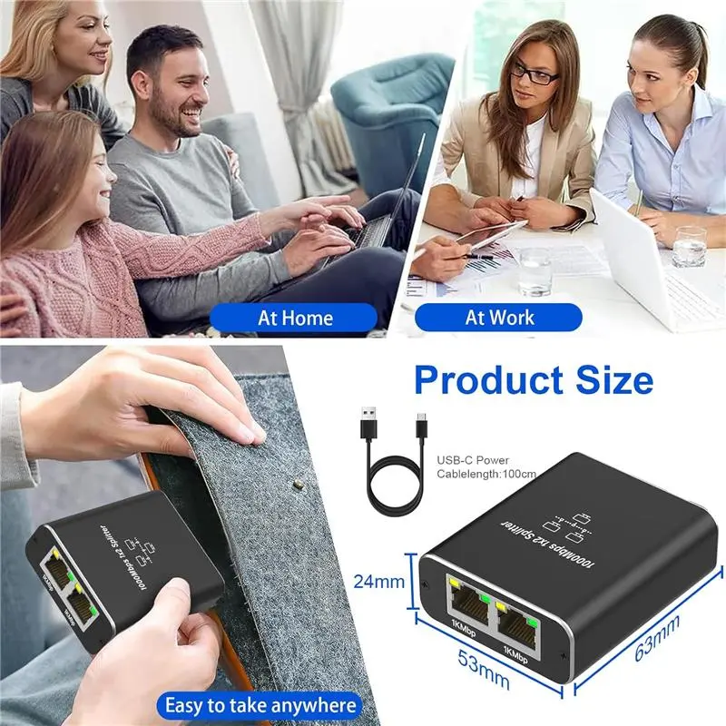 Ethernet Splitter 1 to 2, Gigabit Ethernet Network Switch, 1000Mbps RJ45 Internet Splitter Network Splitter with USB-C Power Cable for Computer, Laptop, Hub, Switch, Router, Set-Top Box, Model: LAN Splitter 1 à 2 7