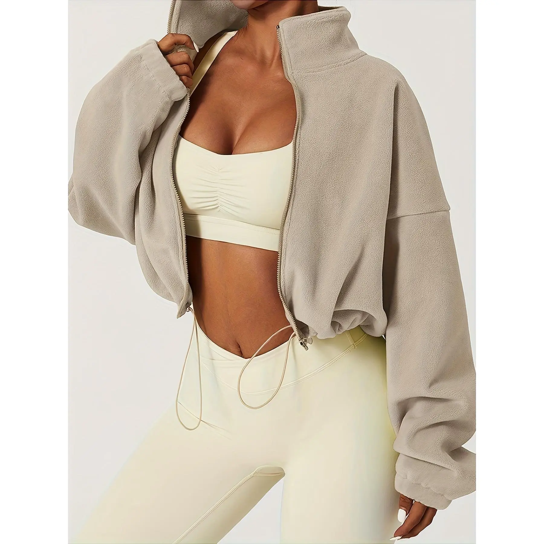 Chic Zip-Up Fleece Crop Jacket for Women - Stretch Comfort, Warm High Neck, Long Sleeve, Perfect for Sporty Outdoor Fall/Winter Activities