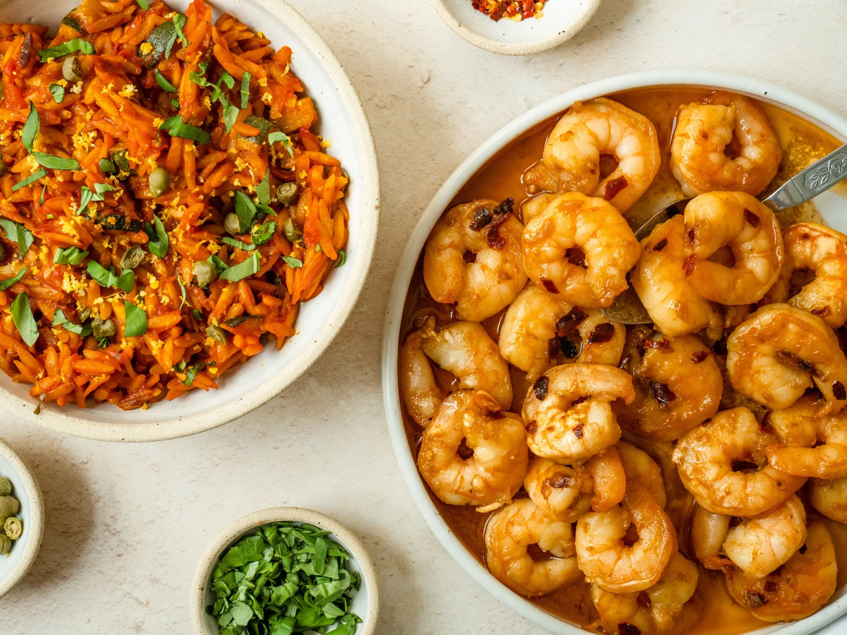 Spanish  Tomato Orzo & Gambas al  Ajillo