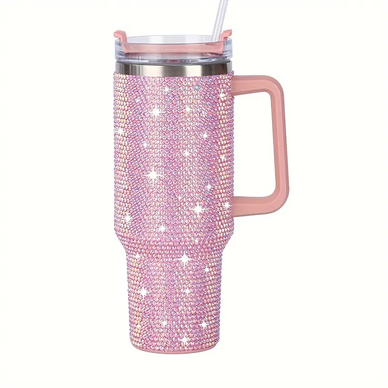 1pc 40 Oz Tumbler With Handle And Straw Lid, Studded Bling Diamond Tumbler, Stainless Steel Insulated Water Cup, Double Wall Travel Mug Fix For Car Cup Holder For Women 7