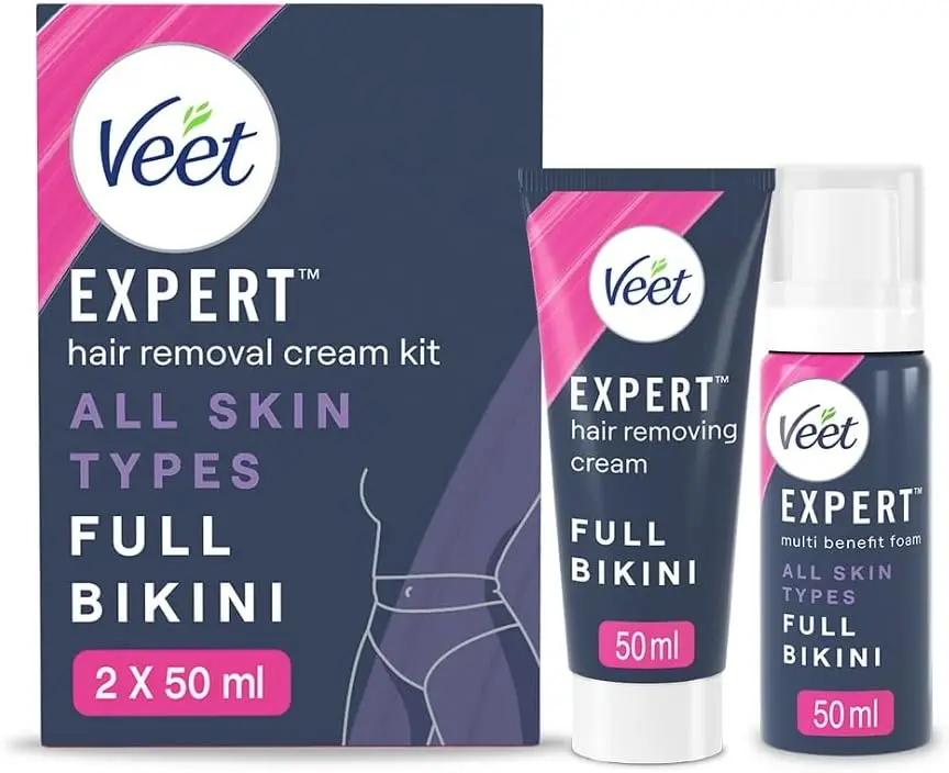 Veet Bikini Kit: 50 ml Cream And Moisturiser Foam, Expert Genital Pubic Hair Remover With Shea Butter For Smooth Skin Body Care Comfort Moisturizing Wax Gentle Sensitive Cosmetic Moisturize
