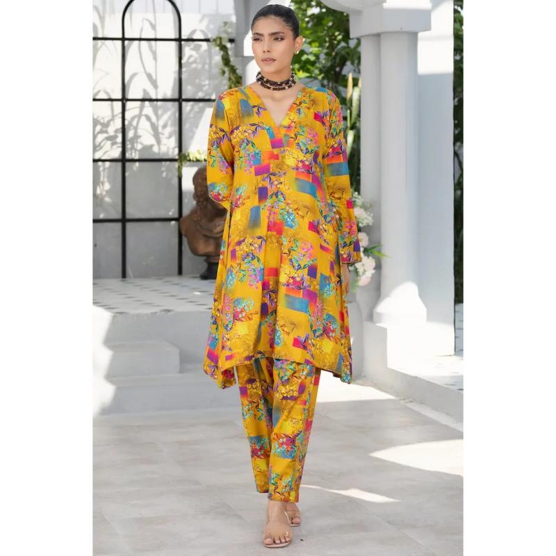 Readymade womenswear Linen Ethnic Floral Printed CO-ORDS-1452-Mustard Shirt Suit 3