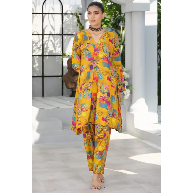 Readymade womenswear Linen Ethnic Floral Printed CO-ORDS-1452-Mustard Shirt Suit 3