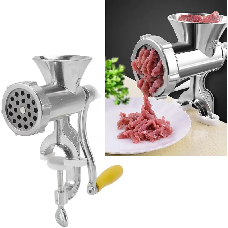 Small Meat Grinder Manual Meat Stuffer Sausage Maker Aluminum Alloy Composite Wood Incisive Blade Silver Meat Filling Kitchen Machine for Meat Sausage Cookies Easy to Clean 1