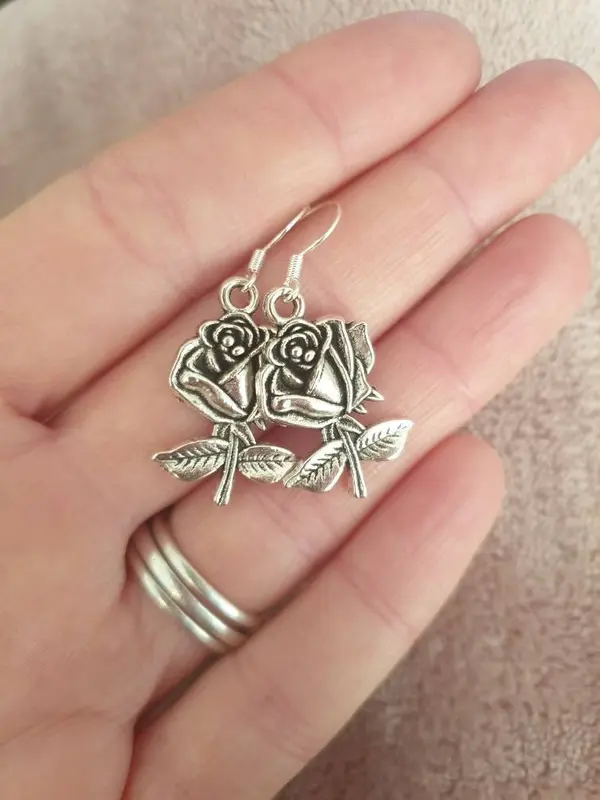 Handmade Antique Silver Rose Dangly Charm Earrings In Gift Bag, Gifts For Her, Flowers, Nature 1