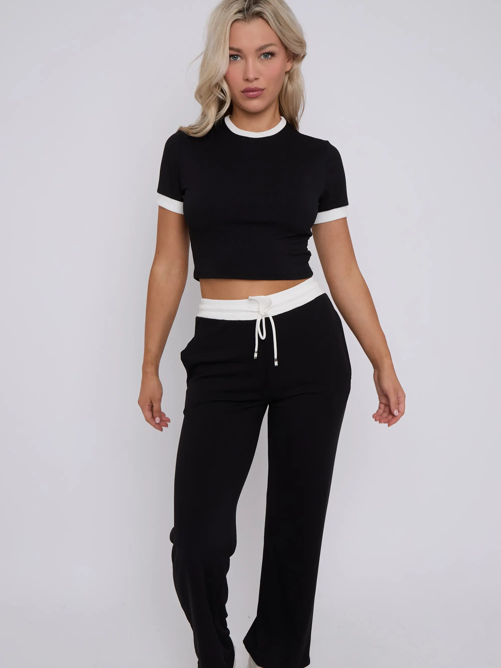 Ladies ribbed Co ord set Women's contrast cap sleeve crop top trouser two piece