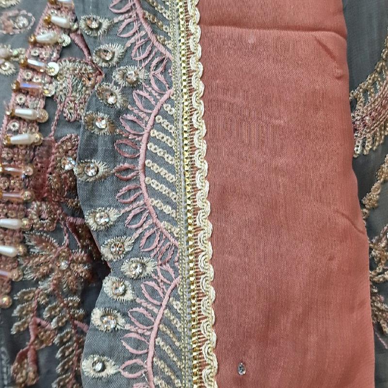 Grey and pink dress with embroidery and hand hand embellished  Womenswear Lady Long Sleeve Comfort Fabric Chiffon 7