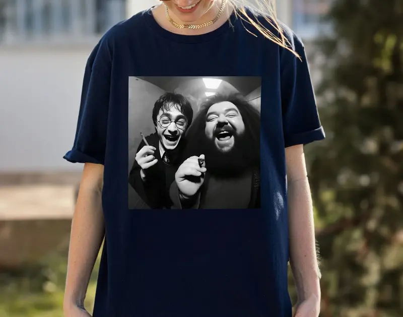 Funny Shirt, Harry And Hagrid Selfie T shirt, Potter Cctv Meme Tshirt, Black And White Wizard Tee Cotton Menswear Top Streetwear 5
