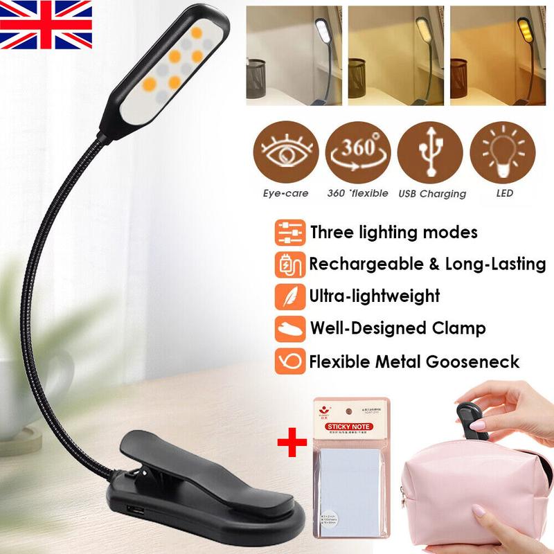 10LED Rechargeable Book LED Clip-on Reading Light 3 Color Temperature USB Lamp. 0
