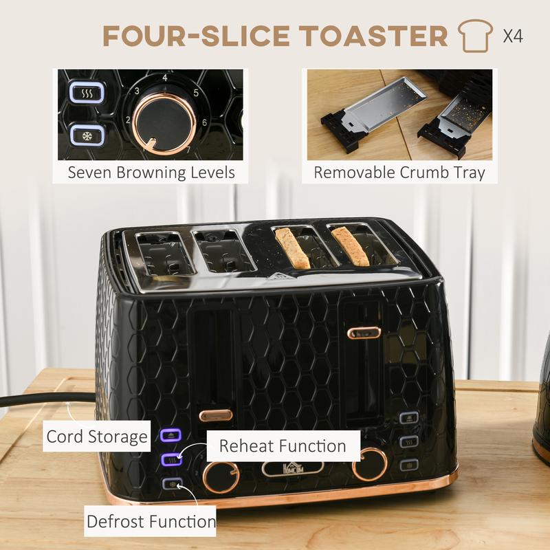 HOMCOM Kettle and Toaster Set, 1.7L 3000W Fast Boil Kettle with Auto Shut Off, 2 Slice Toaster with 7 Level Browning Controls and Crumb Tray, Black 4