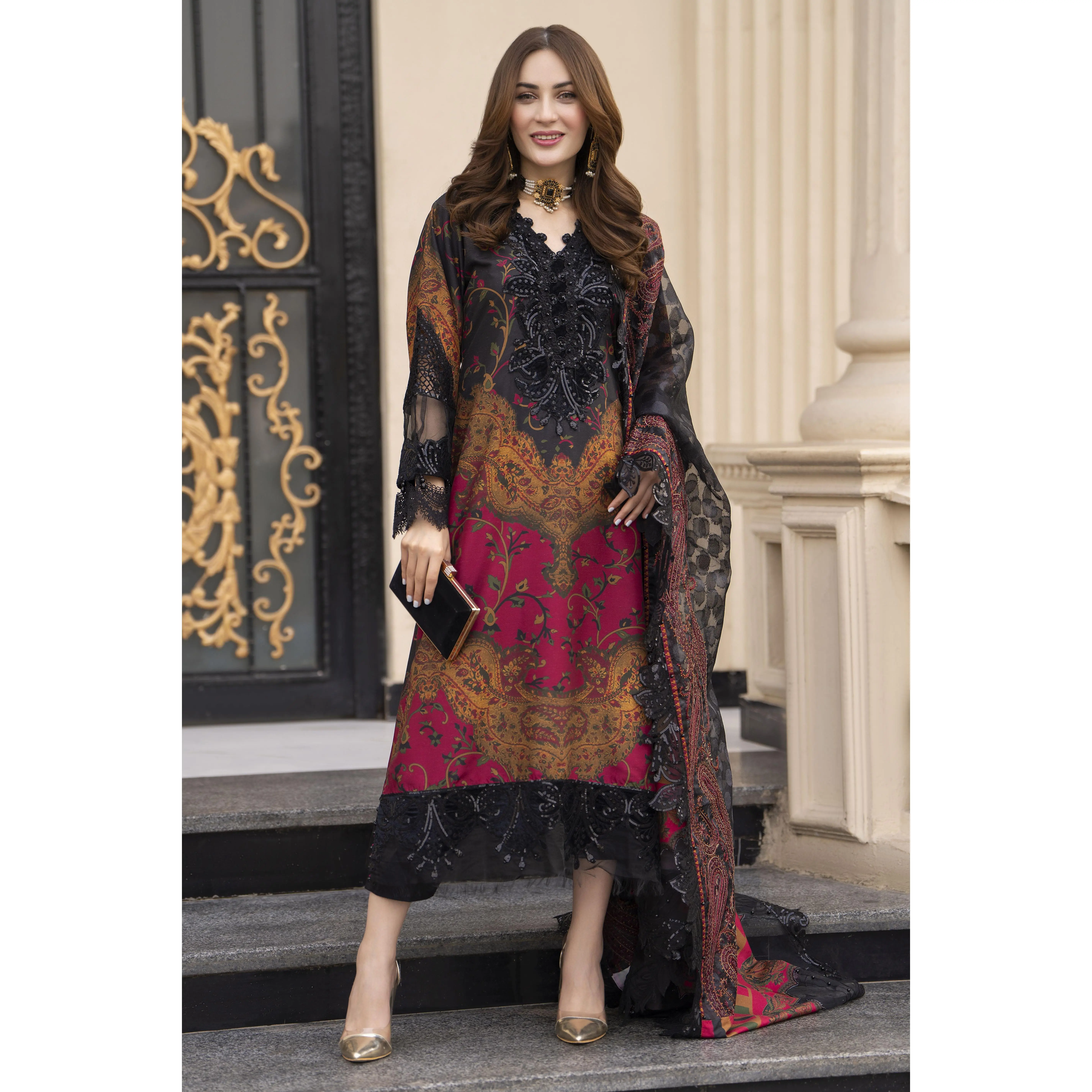 Arwah Embroidered Digital Printed Grip Dress with Velvet Accents Womenswear Stylish Eid SSA19