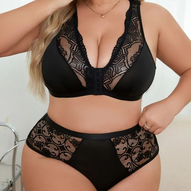[Sexy Lace] Plus Size Underwear Set - Sexy Lace Patchwork - Women's 0