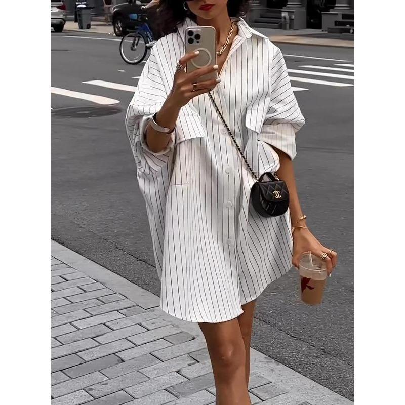 Women's Striped Print Button Front Pocket Long Blouse, Casual Drop Shoulder Long Sleeve Top for Summer, Ladies Clothes for Daily Wear 0