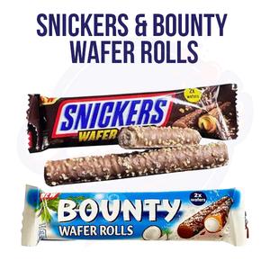 Snickers and Bounty Wafer Rolls  Snack Milk Crunchy Coconut and Chocolate Caramel