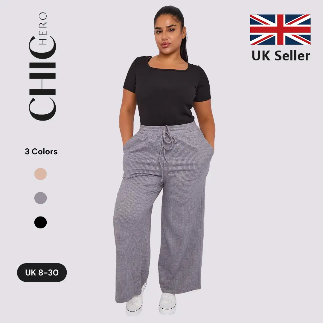 ChicHero Premium Ribbed Thicker Jersey Stretch Wide Leg Comfy Casual Trousers With Drawstrings and Pockets