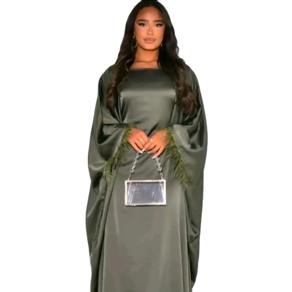 Feather Sleeve Satin Dress with Inner Belt - One Size UK 8 - 22 Womenswear Elegant
