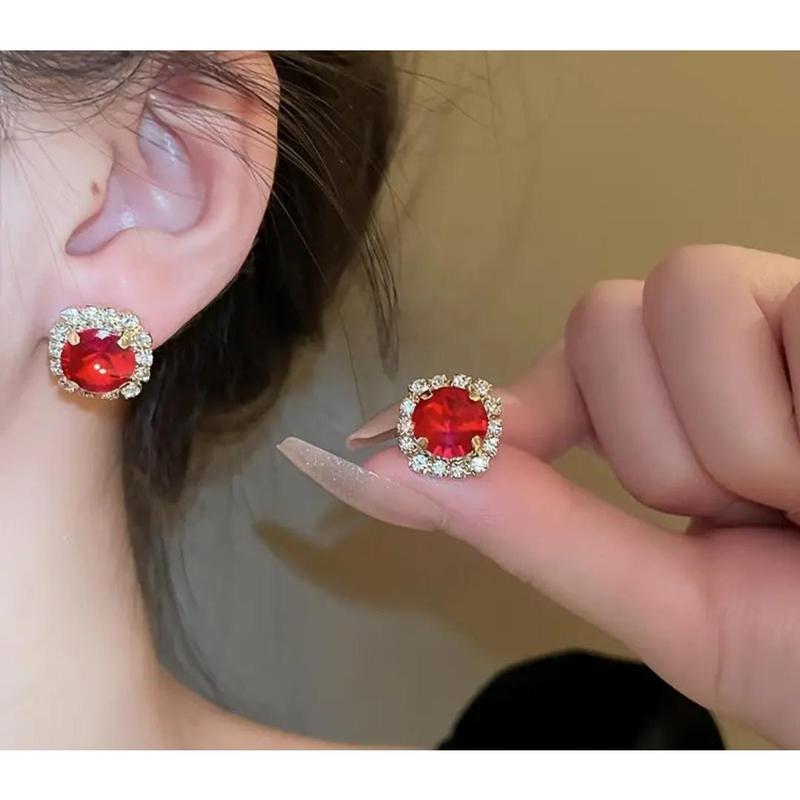 Full Round Shape Red Rhinestone Inlaid Stud Earrings & Bracelet Bling Bling Luxury Style Banquet Jewelry Set 5