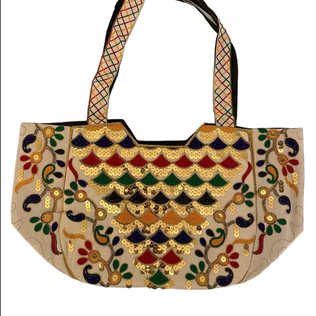 Womens Large Shoulder Bag White with Beautiful Embroidery