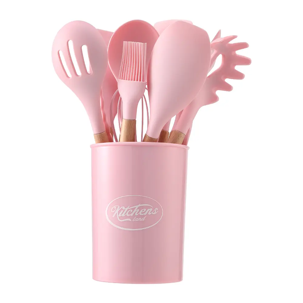 Livingandhome 11-piece Silicone Kitchen Utensil Set for Nonstick Cookware Black/Grey/Pink Handles Ladle