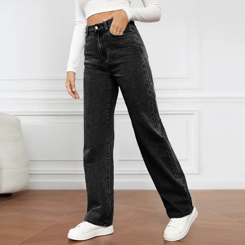 Women Jeans Straight Pants Denim Washing High Waist Loose Fit Pockets Basics Ankle Length Pants Solid Color Slight Strech 3