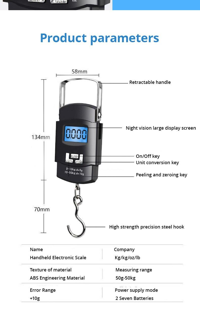 Product Introduction of 1pc Black 50kg Portable Electronic Portable Luggage Scale LCD Digital Display Screen Express Delivery Scale Hook Mini Scale 26