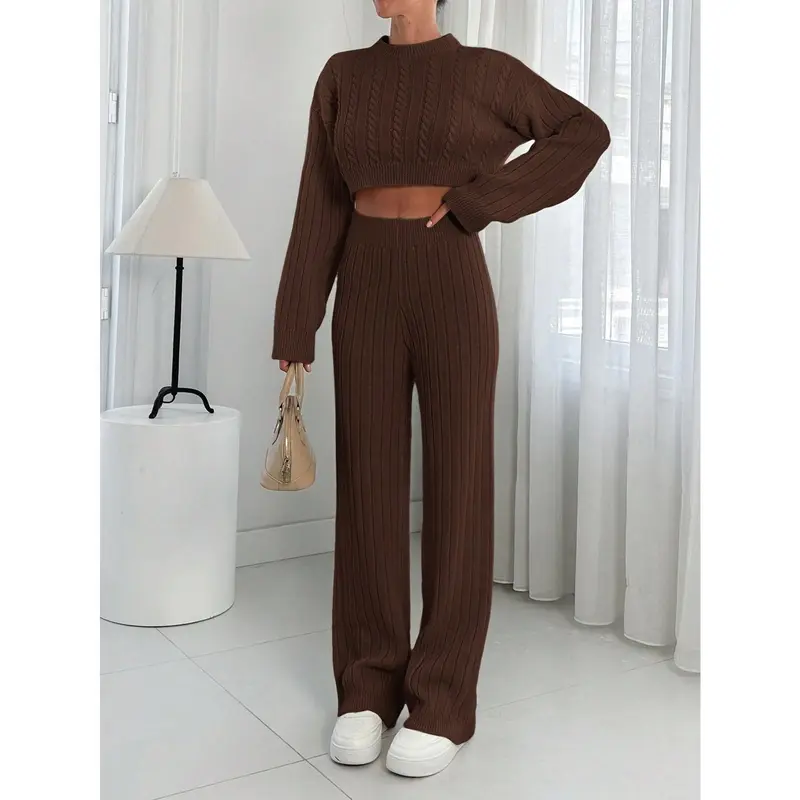 2pcs Women Solid Color Stand Collar Long Sleeve Sweater Top And Long Pants Casual Knitwear Set Clothing Fit Womenswear Suits Fabric Comfort Basic Minimalist 0