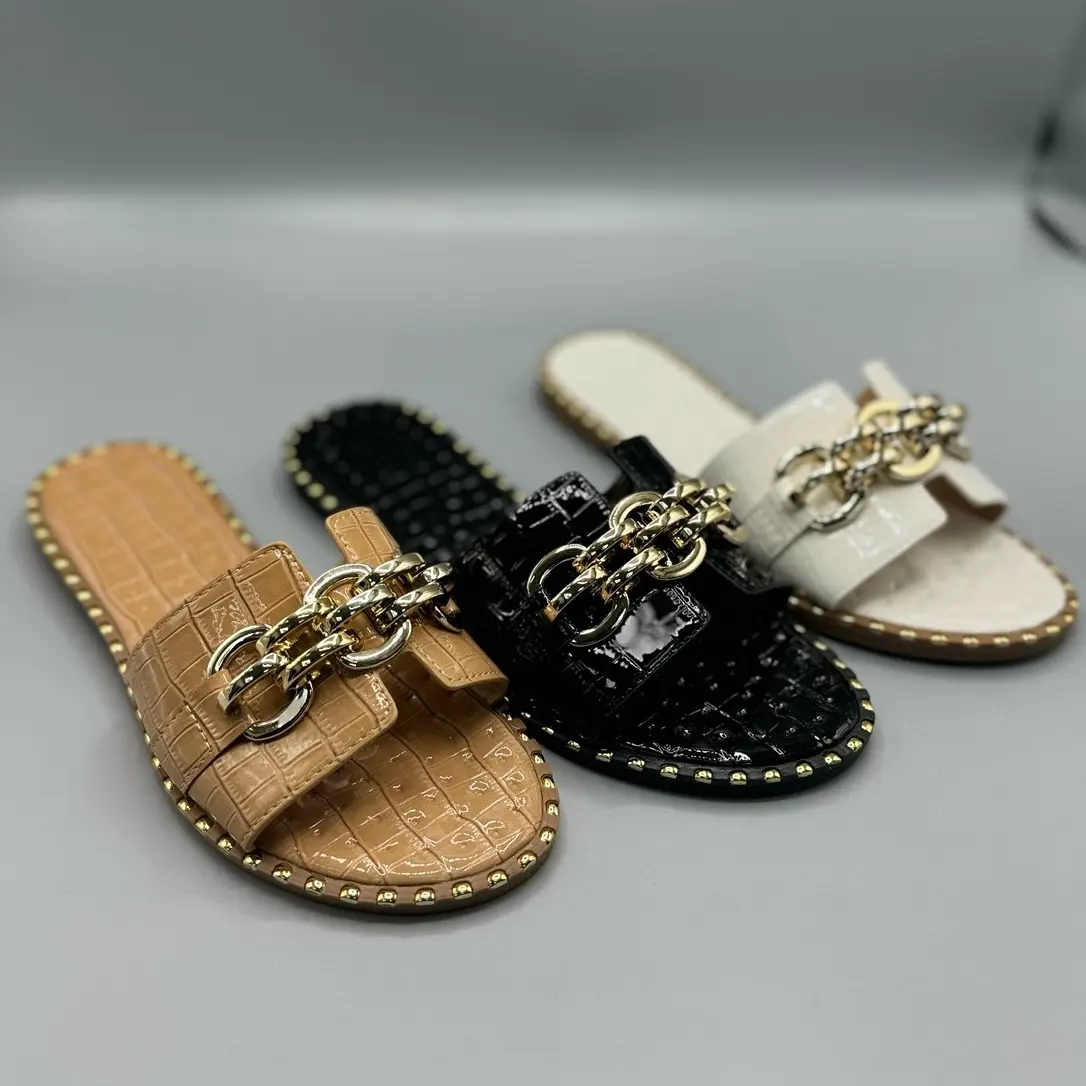 Ladies Flat Summer Chain Crocodile Pattern Black White Camel Holiday Soft Cushioned Lightweight Sandal Slipper
