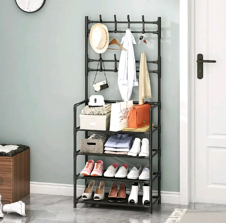 FROM UK -5Layer Metal Storage Rack having 8 Safe Hooks Large Capacity Organizers for Clothes, Shoes, Hats, Bags, Umbrellas. For Bedroom Hallway Entryway Living Room Bathroom Storage Shelf. Free Standing Space-Saver. Home Gift Idea stand 1