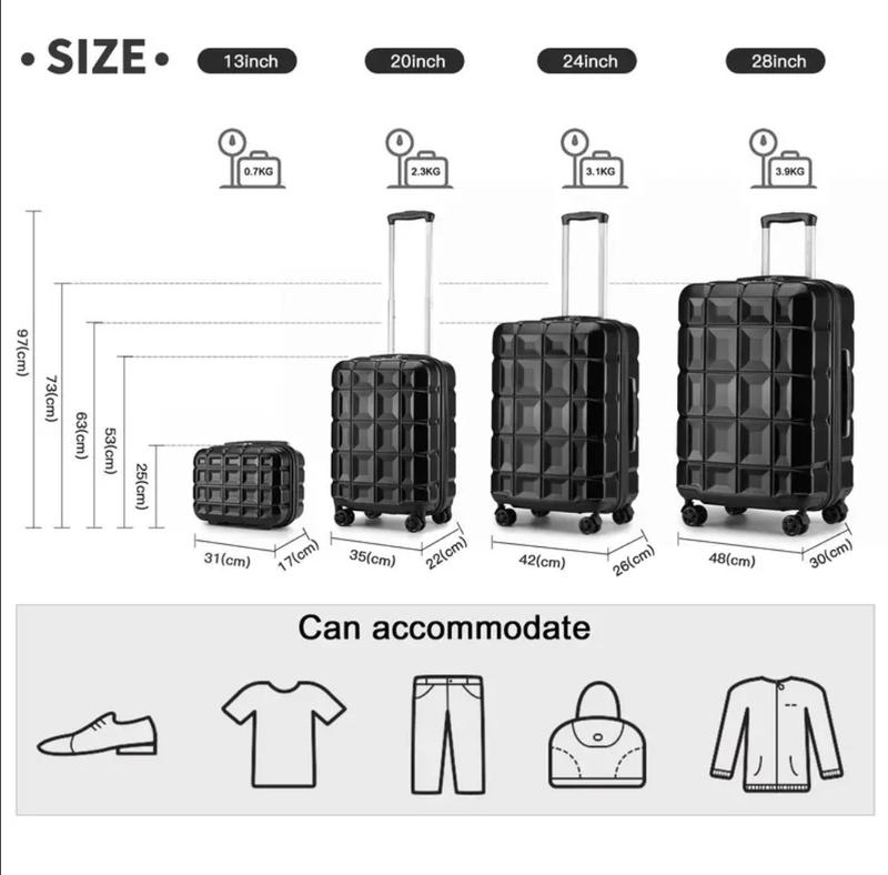 Product Introduction of 4pcs Suitcase Sets Lightweight ABS Hard Shell Luggage with TSA Lock Spinner Wheels 20" 24" 28" Travel Trolley Case + 13" Beauty Case 3