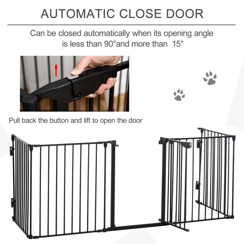 PawHut Pet Safety Gate 5-Panel Playpen Fireplace Christmas Tree Metal Fence Stair Barrier Room Divider with Walk Through Door Automatically Close Lock 5