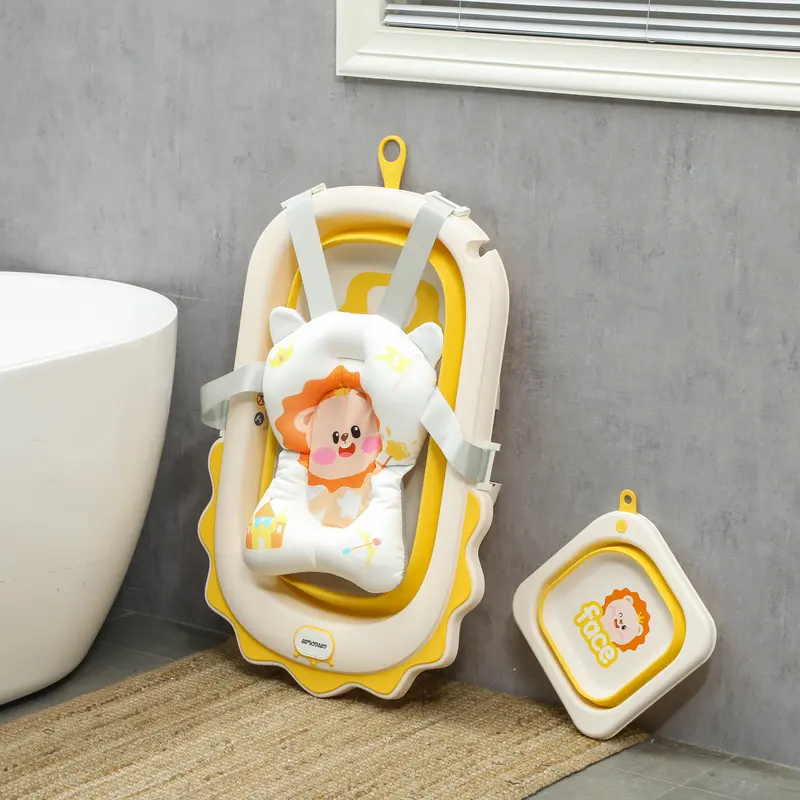 AIYAPLAY Baby Bath Tub Set, Foldable Baby Bath Tub Newborn to Toddler with Support Cushion Pad Seat, Wash Basin, Non-slip Stand & Bottom, Portable Travel Collapsible Baby Bath Set for Infant, Yellow 7