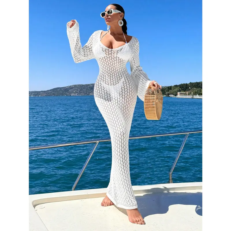 Women's Solid Color Long Knit Sheer Cover Up Dress For Daily Wear, Summer Beach Vacation Casual Fit Party Minimalist Womenswear Sleeve Comfort Fabric Basic Festival 5