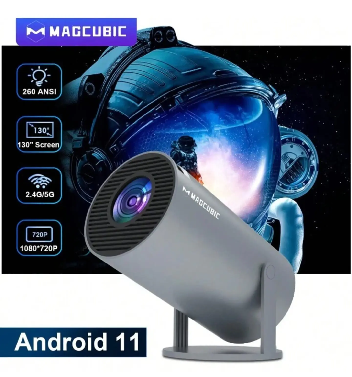 Magic Cubic | Transpeed Projector 4K | Grey/Black | Android 11 HY300 | Dual Wifi6 | 260ANSI All winner H713 BT5.0 1080P 1280*720P Cinema Outdoor Portable Projector | 180 Degree Bluetooth Audio smart