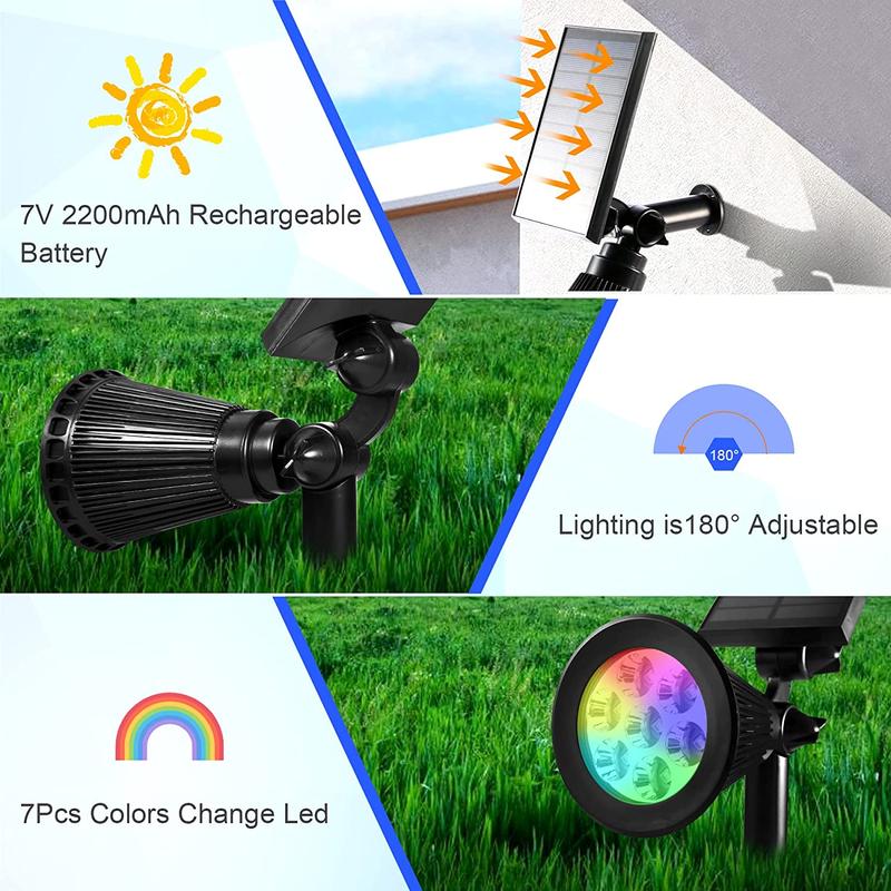 Product Introduction of 2Pack 7 LED Solar Spot Light Outdoor Garden Security Landscape Walkway Waterproof Lamp Color-Changing Garden Solar Lights Security Lighting Path Lights Christmas Landscape Light for Patio Lawn Tree Yard Garden 2